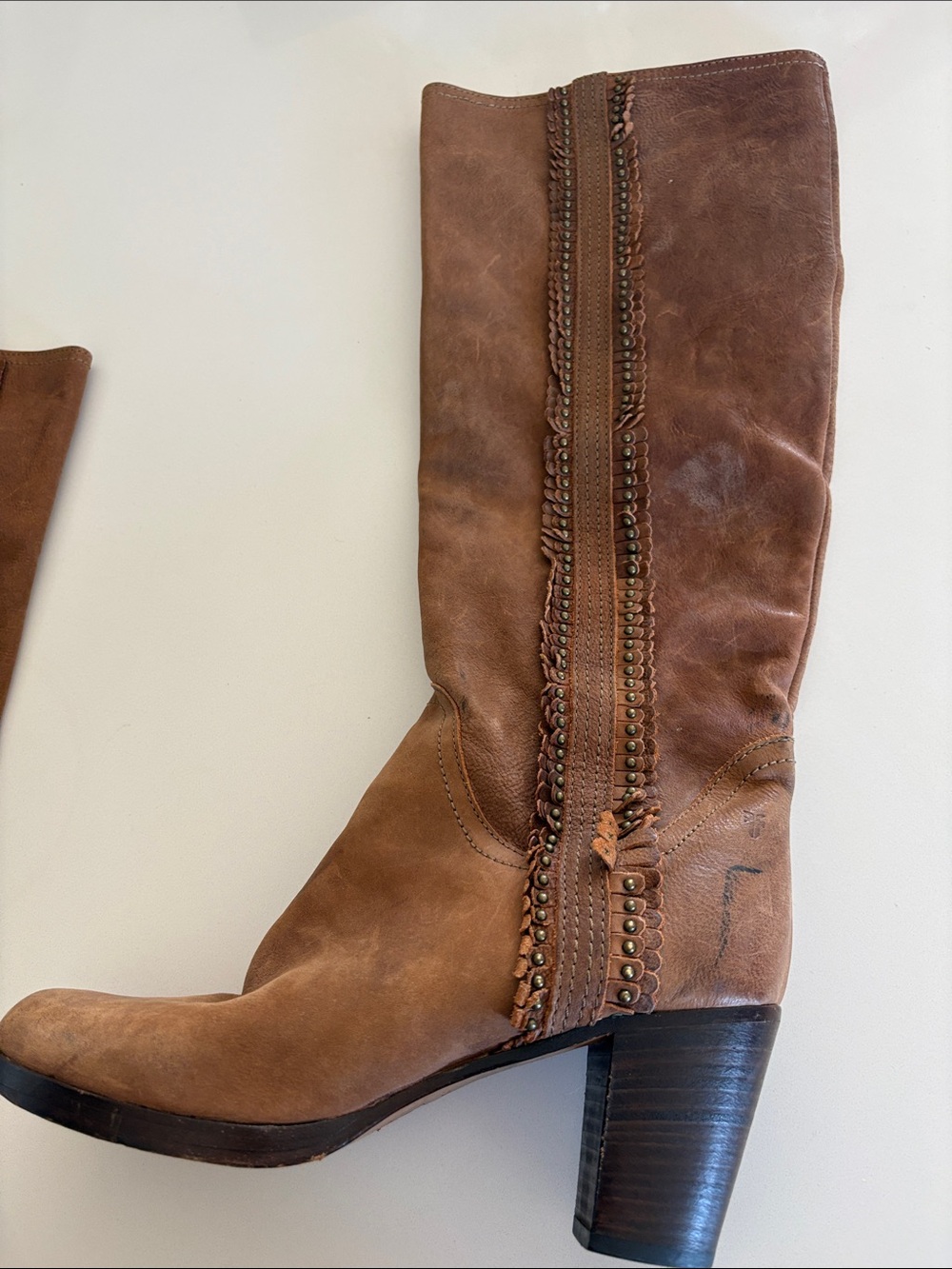 Frye Cognac Brown Scallop Studded Trim Leather Knee High Boots - Picture 10 of 17